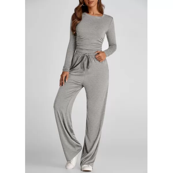 PRETTYGARDEN Womens Fall Two Piece Outfits Track Suits Long Sleeve Crop Tops Tee Shirts Wide Leg Pants Matching Lounge SetsGrey