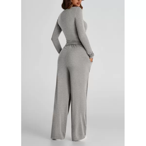 PRETTYGARDEN Womens Fall Two Piece Outfits Track Suits Long Sleeve Crop Tops Tee Shirts Wide Leg Pants Matching Lounge SetsGrey