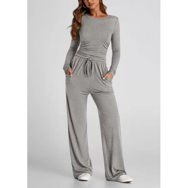 PRETTYGARDEN Womens Fall Two Piece Outfits Track Suits Long Sleeve Crop Tops Tee Shirts Wide Leg Pants Matching Lounge SetsGrey