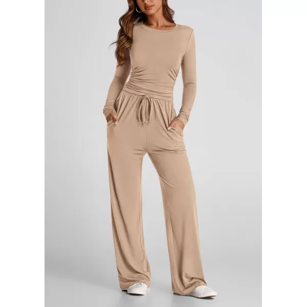 PRETTYGARDEN Womens Fall Two Piece Outfits Track Suits Long Sleeve Crop Tops Tee Shirts Wide Leg Pants Matching Lounge SetsKhaki
