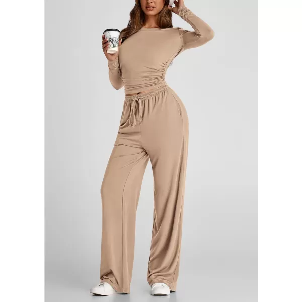 PRETTYGARDEN Womens Fall Two Piece Outfits Track Suits Long Sleeve Crop Tops Tee Shirts Wide Leg Pants Matching Lounge SetsKhaki