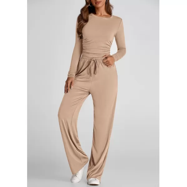 PRETTYGARDEN Womens Fall Two Piece Outfits Track Suits Long Sleeve Crop Tops Tee Shirts Wide Leg Pants Matching Lounge SetsKhaki
