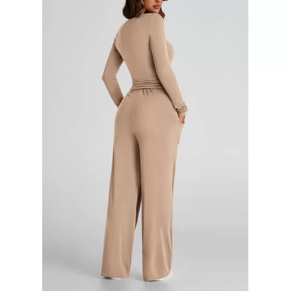 PRETTYGARDEN Womens Fall Two Piece Outfits Track Suits Long Sleeve Crop Tops Tee Shirts Wide Leg Pants Matching Lounge SetsKhaki