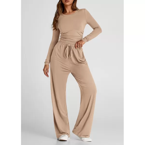 PRETTYGARDEN Womens Fall Two Piece Outfits Track Suits Long Sleeve Crop Tops Tee Shirts Wide Leg Pants Matching Lounge SetsKhaki