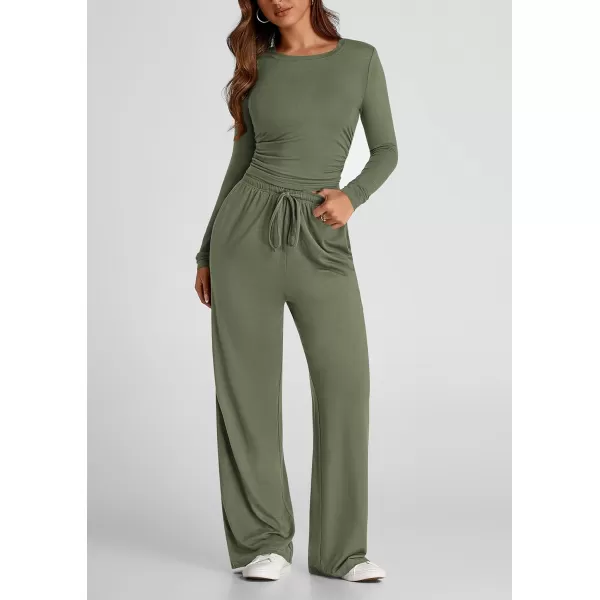 PRETTYGARDEN Womens Fall Two Piece Outfits Track Suits Long Sleeve Crop Tops Tee Shirts Wide Leg Pants Matching Lounge SetsLight Army Green