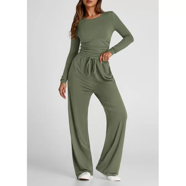 PRETTYGARDEN Womens Fall Two Piece Outfits Track Suits Long Sleeve Crop Tops Tee Shirts Wide Leg Pants Matching Lounge SetsLight Army Green