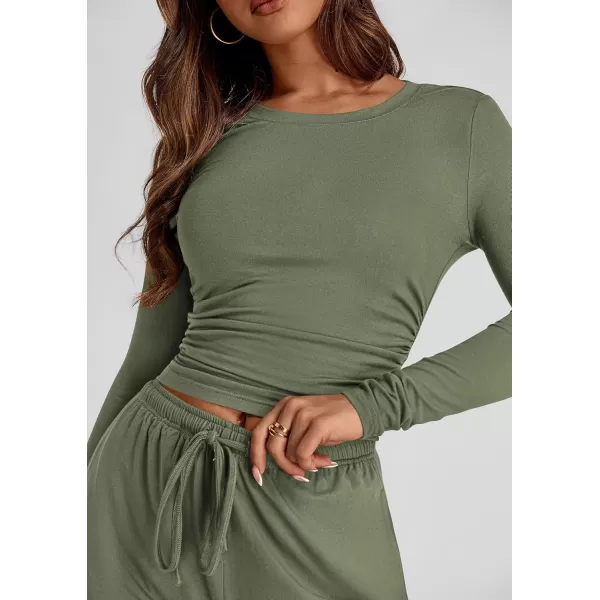 PRETTYGARDEN Womens Fall Two Piece Outfits Track Suits Long Sleeve Crop Tops Tee Shirts Wide Leg Pants Matching Lounge SetsLight Army Green