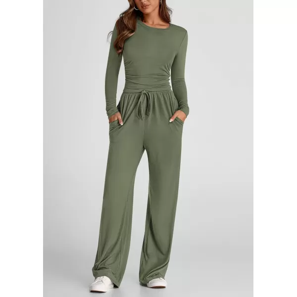 PRETTYGARDEN Womens Fall Two Piece Outfits Track Suits Long Sleeve Crop Tops Tee Shirts Wide Leg Pants Matching Lounge SetsLight Army Green