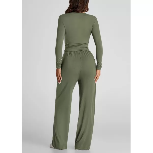 PRETTYGARDEN Womens Fall Two Piece Outfits Track Suits Long Sleeve Crop Tops Tee Shirts Wide Leg Pants Matching Lounge SetsLight Army Green