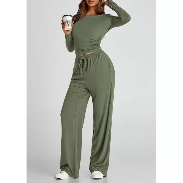 PRETTYGARDEN Womens Fall Two Piece Outfits Track Suits Long Sleeve Crop Tops Tee Shirts Wide Leg Pants Matching Lounge SetsLight Army Green