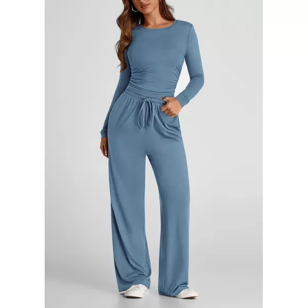 PRETTYGARDEN Womens Fall Two Piece Outfits Track Suits Long Sleeve Crop Tops Tee Shirts Wide Leg Pants Matching Lounge SetsMist Blue