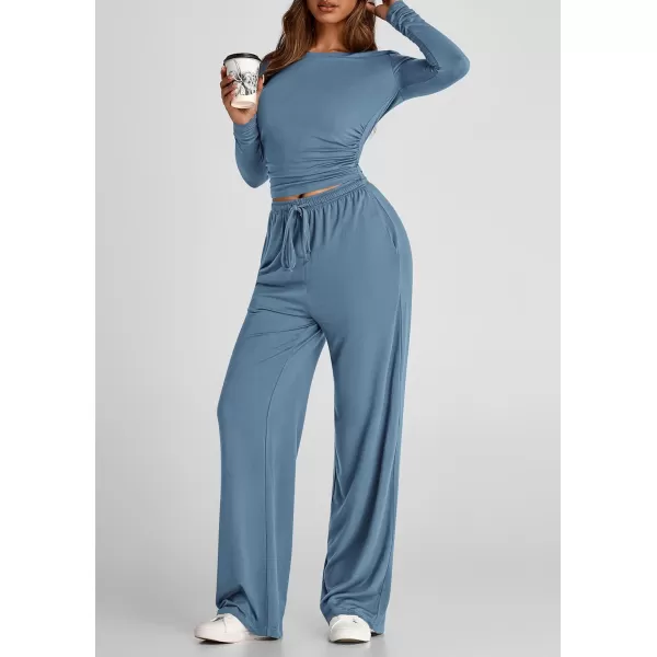 PRETTYGARDEN Womens Fall Two Piece Outfits Track Suits Long Sleeve Crop Tops Tee Shirts Wide Leg Pants Matching Lounge SetsMist Blue