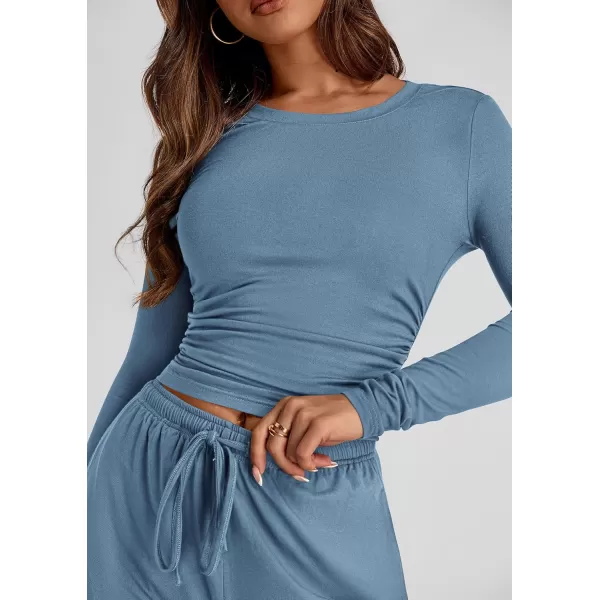 PRETTYGARDEN Womens Fall Two Piece Outfits Track Suits Long Sleeve Crop Tops Tee Shirts Wide Leg Pants Matching Lounge SetsMist Blue