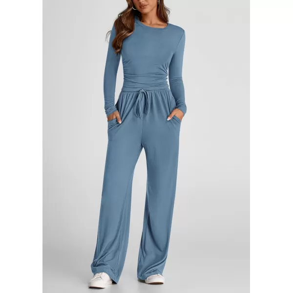 PRETTYGARDEN Womens Fall Two Piece Outfits Track Suits Long Sleeve Crop Tops Tee Shirts Wide Leg Pants Matching Lounge SetsMist Blue