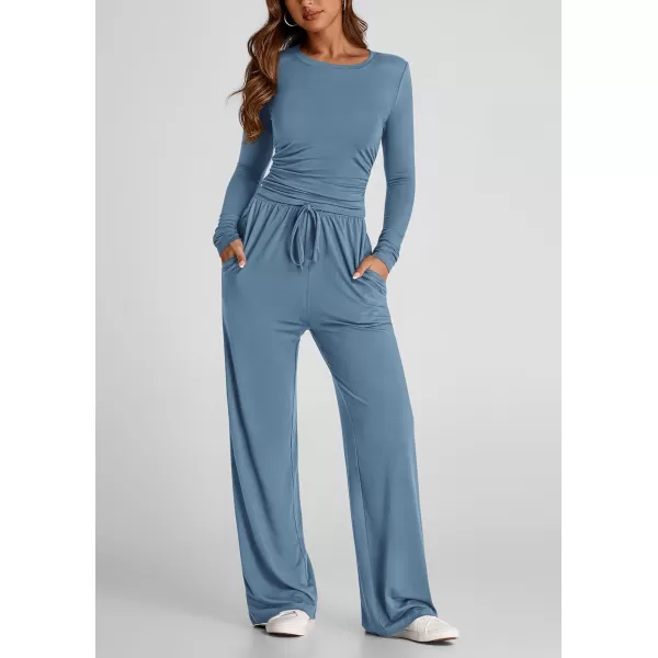 PRETTYGARDEN Womens Fall Two Piece Outfits Track Suits Long Sleeve Crop Tops Tee Shirts Wide Leg Pants Matching Lounge SetsMist Blue