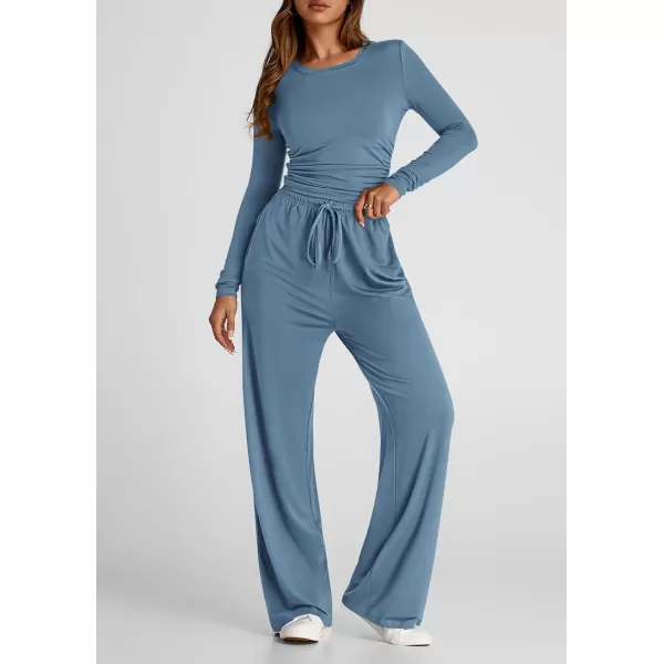 PRETTYGARDEN Womens Fall Two Piece Outfits Track Suits Long Sleeve Crop Tops Tee Shirts Wide Leg Pants Matching Lounge SetsMist Blue