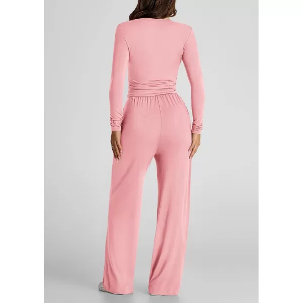 PRETTYGARDEN Womens Fall Two Piece Outfits Track Suits Long Sleeve Crop Tops Tee Shirts Wide Leg Pants Matching Lounge SetsPink
