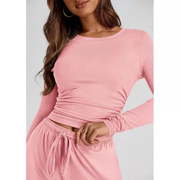 PRETTYGARDEN Womens Fall Two Piece Outfits Track Suits Long Sleeve Crop Tops Tee Shirts Wide Leg Pants Matching Lounge SetsPink