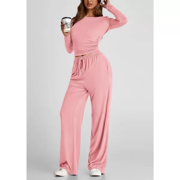 PRETTYGARDEN Womens Fall Two Piece Outfits Track Suits Long Sleeve Crop Tops Tee Shirts Wide Leg Pants Matching Lounge SetsPink