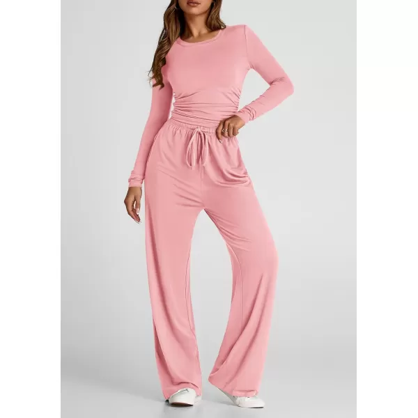 PRETTYGARDEN Womens Fall Two Piece Outfits Track Suits Long Sleeve Crop Tops Tee Shirts Wide Leg Pants Matching Lounge SetsPink