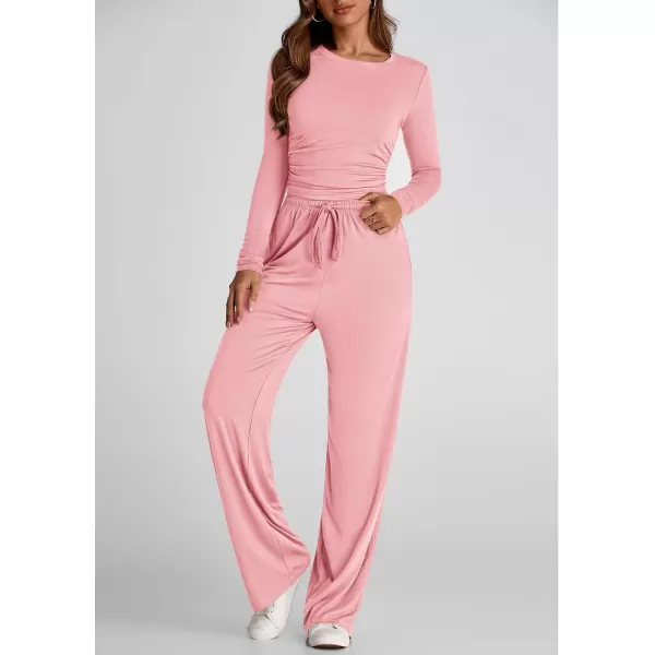 PRETTYGARDEN Womens Fall Two Piece Outfits Track Suits Long Sleeve Crop Tops Tee Shirts Wide Leg Pants Matching Lounge SetsPink