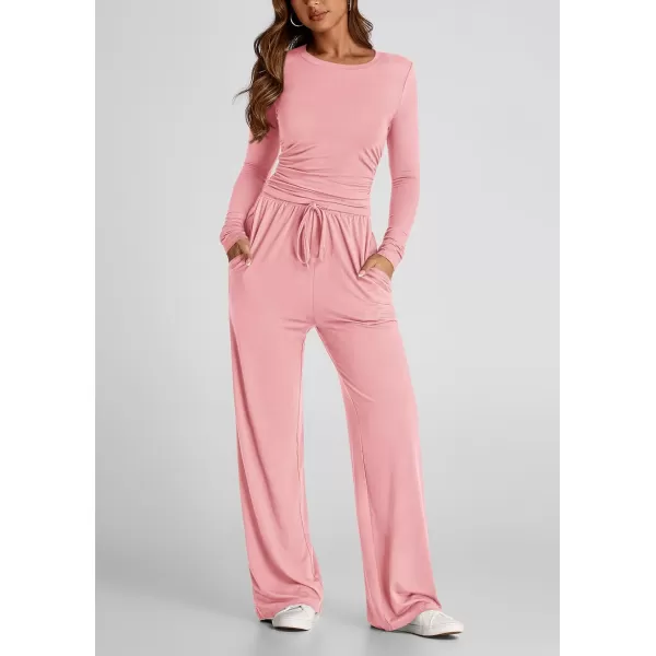 PRETTYGARDEN Womens Fall Two Piece Outfits Track Suits Long Sleeve Crop Tops Tee Shirts Wide Leg Pants Matching Lounge SetsPink