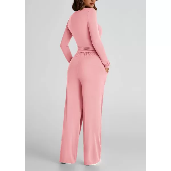 PRETTYGARDEN Womens Fall Two Piece Outfits Track Suits Long Sleeve Crop Tops Tee Shirts Wide Leg Pants Matching Lounge SetsPink