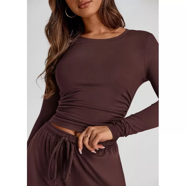 PRETTYGARDEN Womens Fall Two Piece Outfits Track Suits Long Sleeve Crop Tops Tee Shirts Wide Leg Pants Matching Lounge SetsRed Brown