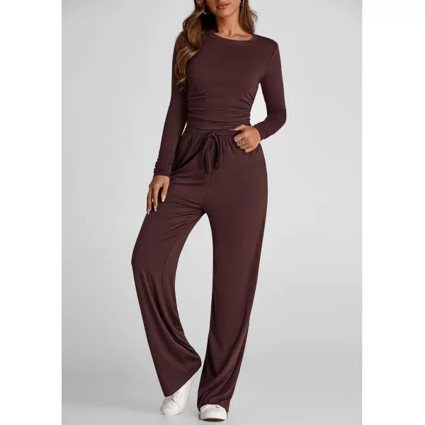 PRETTYGARDEN Womens Fall Two Piece Outfits Track Suits Long Sleeve Crop Tops Tee Shirts Wide Leg Pants Matching Lounge SetsRed Brown