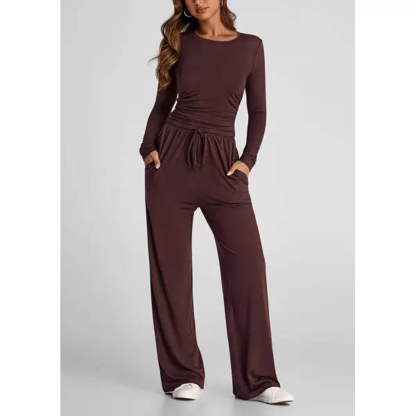 PRETTYGARDEN Womens Fall Two Piece Outfits Track Suits Long Sleeve Crop Tops Tee Shirts Wide Leg Pants Matching Lounge SetsRed Brown