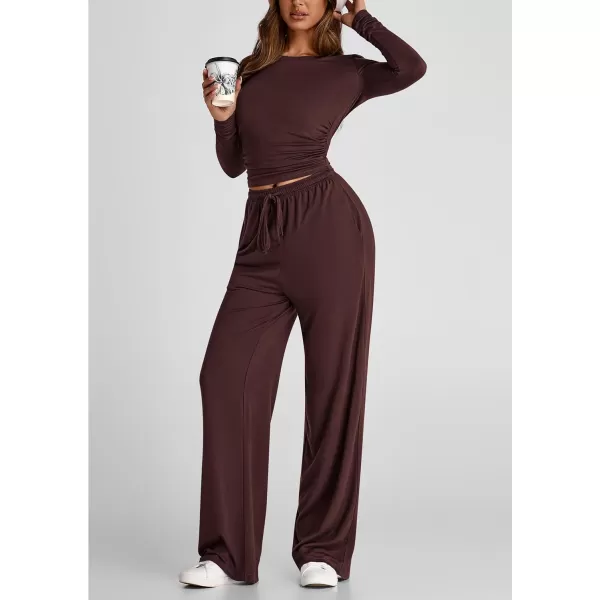 PRETTYGARDEN Womens Fall Two Piece Outfits Track Suits Long Sleeve Crop Tops Tee Shirts Wide Leg Pants Matching Lounge SetsRed Brown