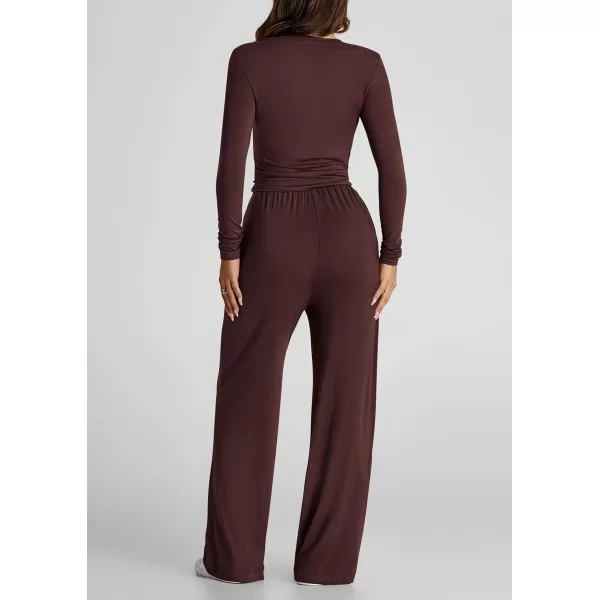 PRETTYGARDEN Womens Fall Two Piece Outfits Track Suits Long Sleeve Crop Tops Tee Shirts Wide Leg Pants Matching Lounge SetsRed Brown