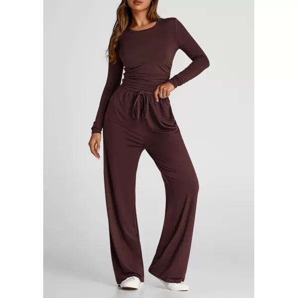 PRETTYGARDEN Womens Fall Two Piece Outfits Track Suits Long Sleeve Crop Tops Tee Shirts Wide Leg Pants Matching Lounge SetsRed Brown