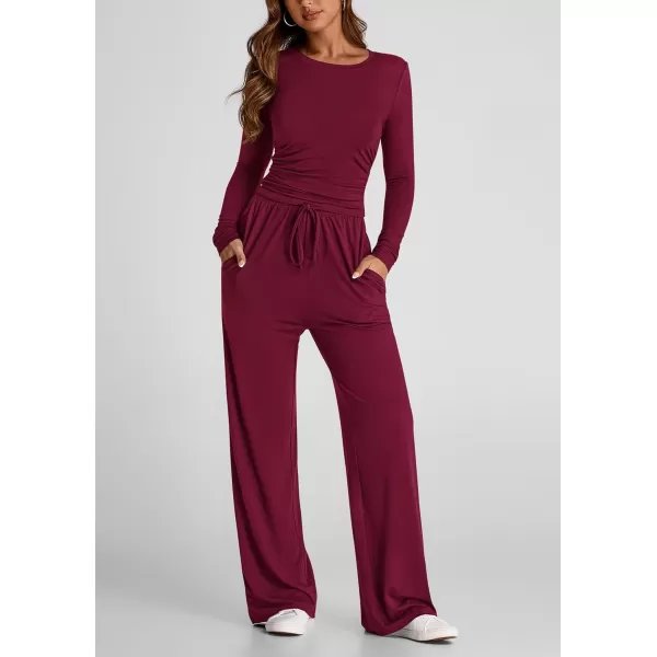 PRETTYGARDEN Womens Fall Two Piece Outfits Track Suits Long Sleeve Crop Tops Tee Shirts Wide Leg Pants Matching Lounge SetsWine Red