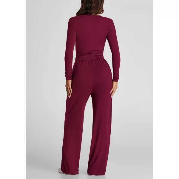 PRETTYGARDEN Womens Fall Two Piece Outfits Track Suits Long Sleeve Crop Tops Tee Shirts Wide Leg Pants Matching Lounge SetsWine Red