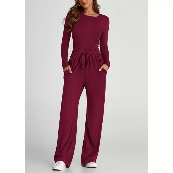 PRETTYGARDEN Womens Fall Two Piece Outfits Track Suits Long Sleeve Crop Tops Tee Shirts Wide Leg Pants Matching Lounge SetsWine Red