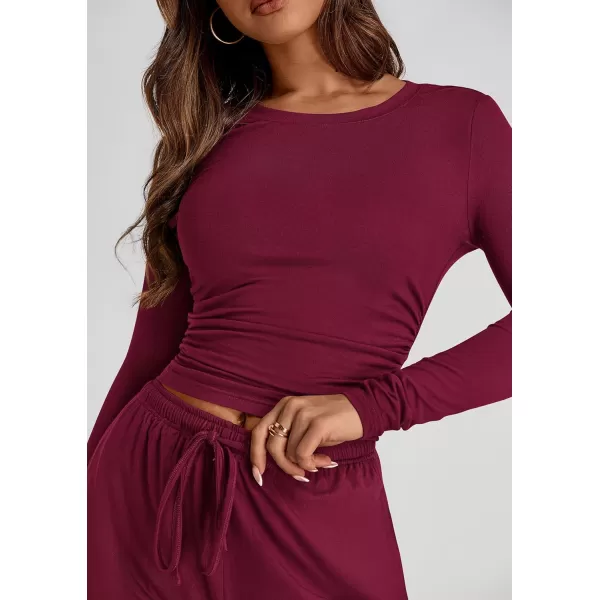 PRETTYGARDEN Womens Fall Two Piece Outfits Track Suits Long Sleeve Crop Tops Tee Shirts Wide Leg Pants Matching Lounge SetsWine Red