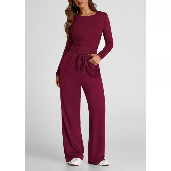 PRETTYGARDEN Womens Fall Two Piece Outfits Track Suits Long Sleeve Crop Tops Tee Shirts Wide Leg Pants Matching Lounge SetsWine Red