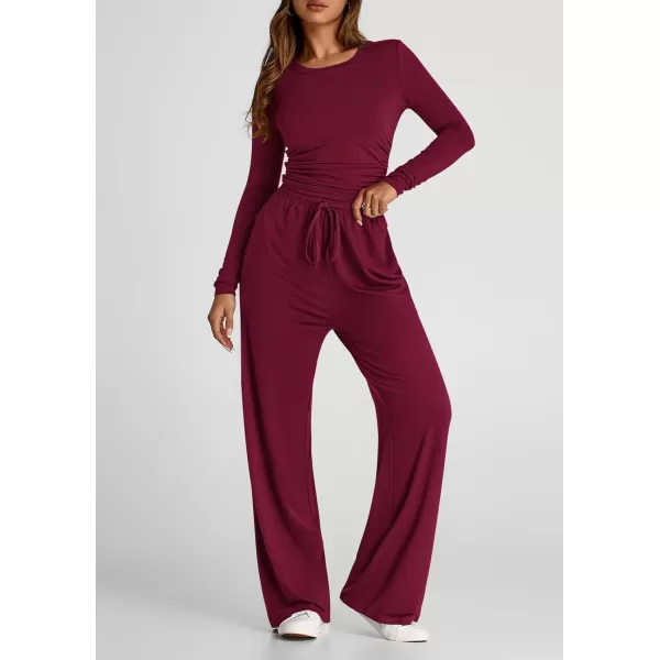 PRETTYGARDEN Womens Fall Two Piece Outfits Track Suits Long Sleeve Crop Tops Tee Shirts Wide Leg Pants Matching Lounge SetsWine Red