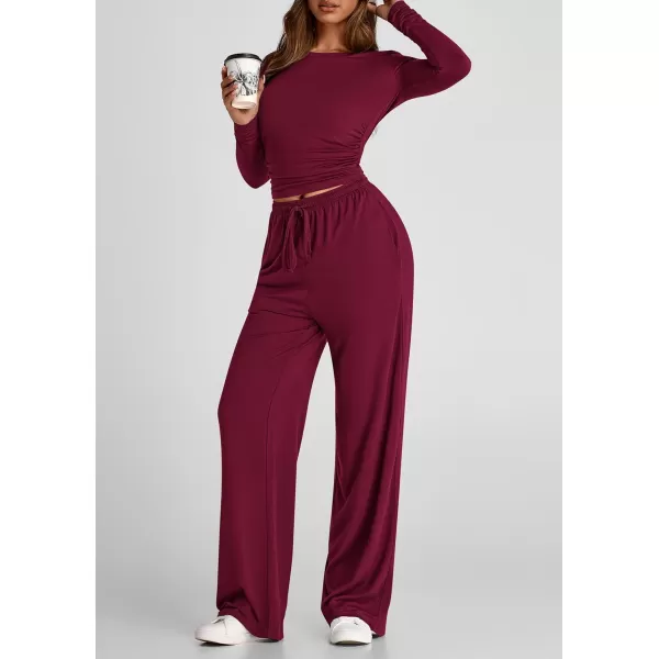 PRETTYGARDEN Womens Fall Two Piece Outfits Track Suits Long Sleeve Crop Tops Tee Shirts Wide Leg Pants Matching Lounge SetsWine Red