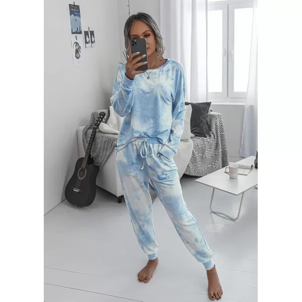 PRETTYGARDEN Womens Tie Dye Two Piece Pajamas Set Casual Long Sleeve Sweatshirt with Long Pants LoungewearBlue