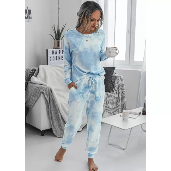 PRETTYGARDEN Womens Tie Dye Two Piece Pajamas Set Casual Long Sleeve Sweatshirt with Long Pants LoungewearBlue