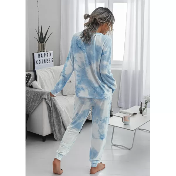 PRETTYGARDEN Womens Tie Dye Two Piece Pajamas Set Casual Long Sleeve Sweatshirt with Long Pants LoungewearBlue