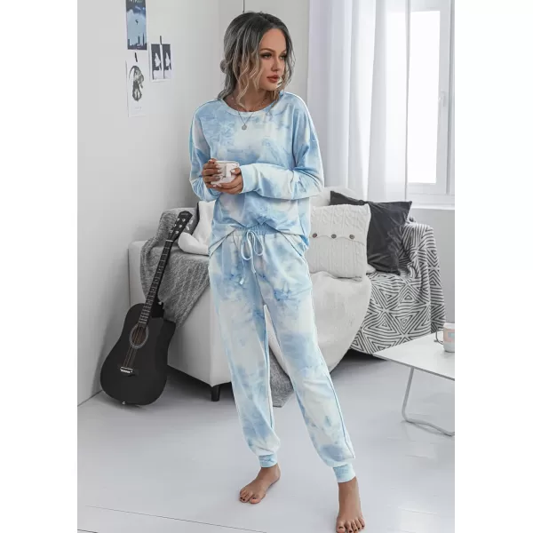 PRETTYGARDEN Womens Tie Dye Two Piece Pajamas Set Casual Long Sleeve Sweatshirt with Long Pants LoungewearBlue