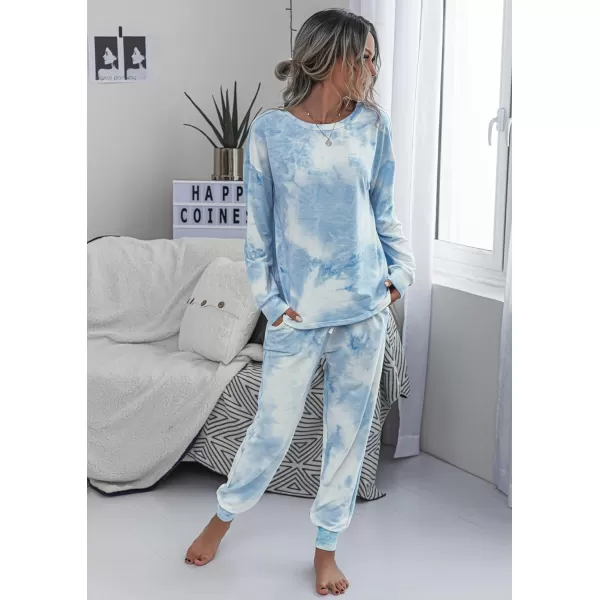 PRETTYGARDEN Womens Tie Dye Two Piece Pajamas Set Casual Long Sleeve Sweatshirt with Long Pants LoungewearBlue