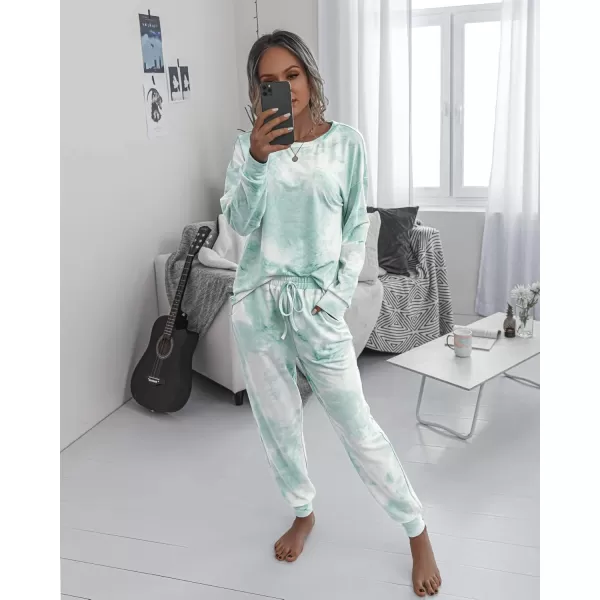 PRETTYGARDEN Womens Tie Dye Two Piece Pajamas Set Casual Long Sleeve Sweatshirt with Long Pants LoungewearGreen