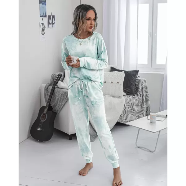 PRETTYGARDEN Womens Tie Dye Two Piece Pajamas Set Casual Long Sleeve Sweatshirt with Long Pants LoungewearGreen