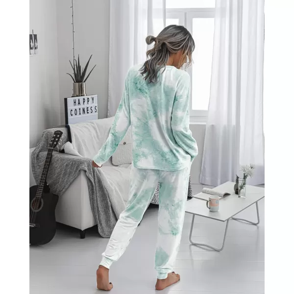 PRETTYGARDEN Womens Tie Dye Two Piece Pajamas Set Casual Long Sleeve Sweatshirt with Long Pants LoungewearGreen
