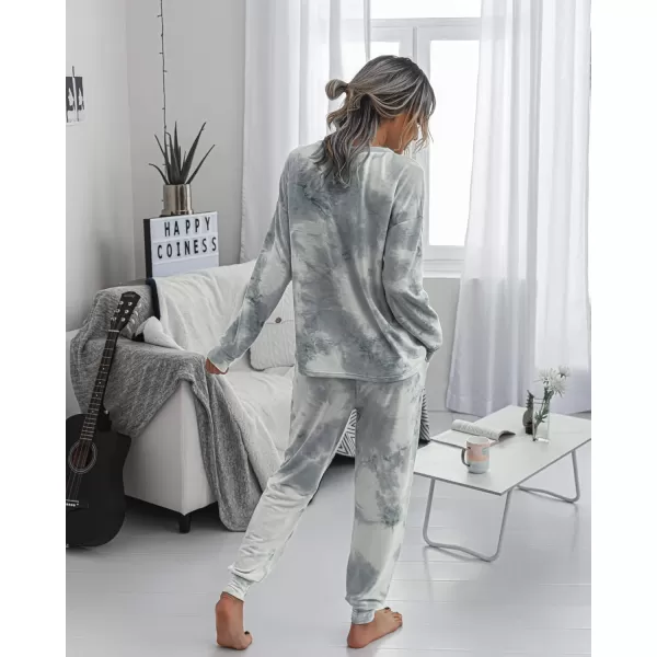 PRETTYGARDEN Womens Tie Dye Two Piece Pajamas Set Casual Long Sleeve Sweatshirt with Long Pants LoungewearGrey