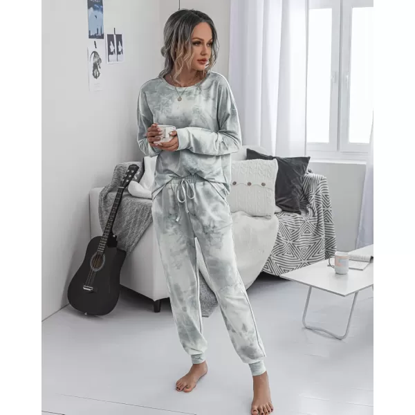 PRETTYGARDEN Womens Tie Dye Two Piece Pajamas Set Casual Long Sleeve Sweatshirt with Long Pants LoungewearGrey